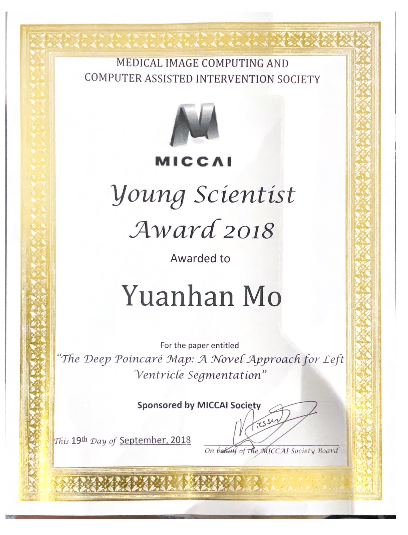 MICCAI Young Scientist Award 2018